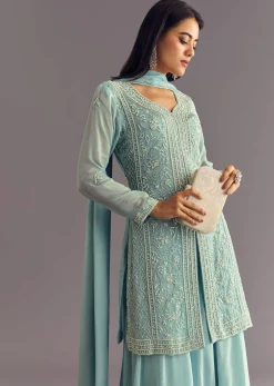 Sky Blue Chinon Kurta Dupatta Set With Moti And Cutdana Work