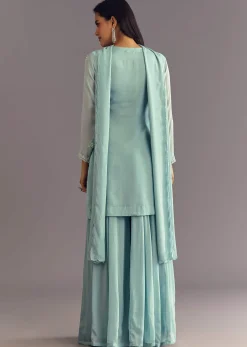 Sky Blue Chinon Kurta Dupatta Set With Moti And Cutdana Work