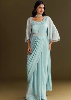 Sky Blue Chinon Pre Draped Saree With Cape And Belt