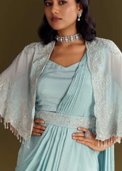 Sky Blue Chinon Pre Draped Saree With Cape And Belt