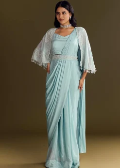Sky Blue Chinon Pre Draped Saree With Cape And Belt