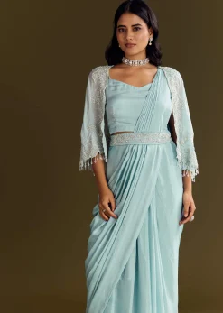 Sky Blue Chinon Pre Draped Saree With Cape And Belt