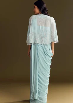 Sky Blue Chinon Pre Draped Saree With Cape And Belt