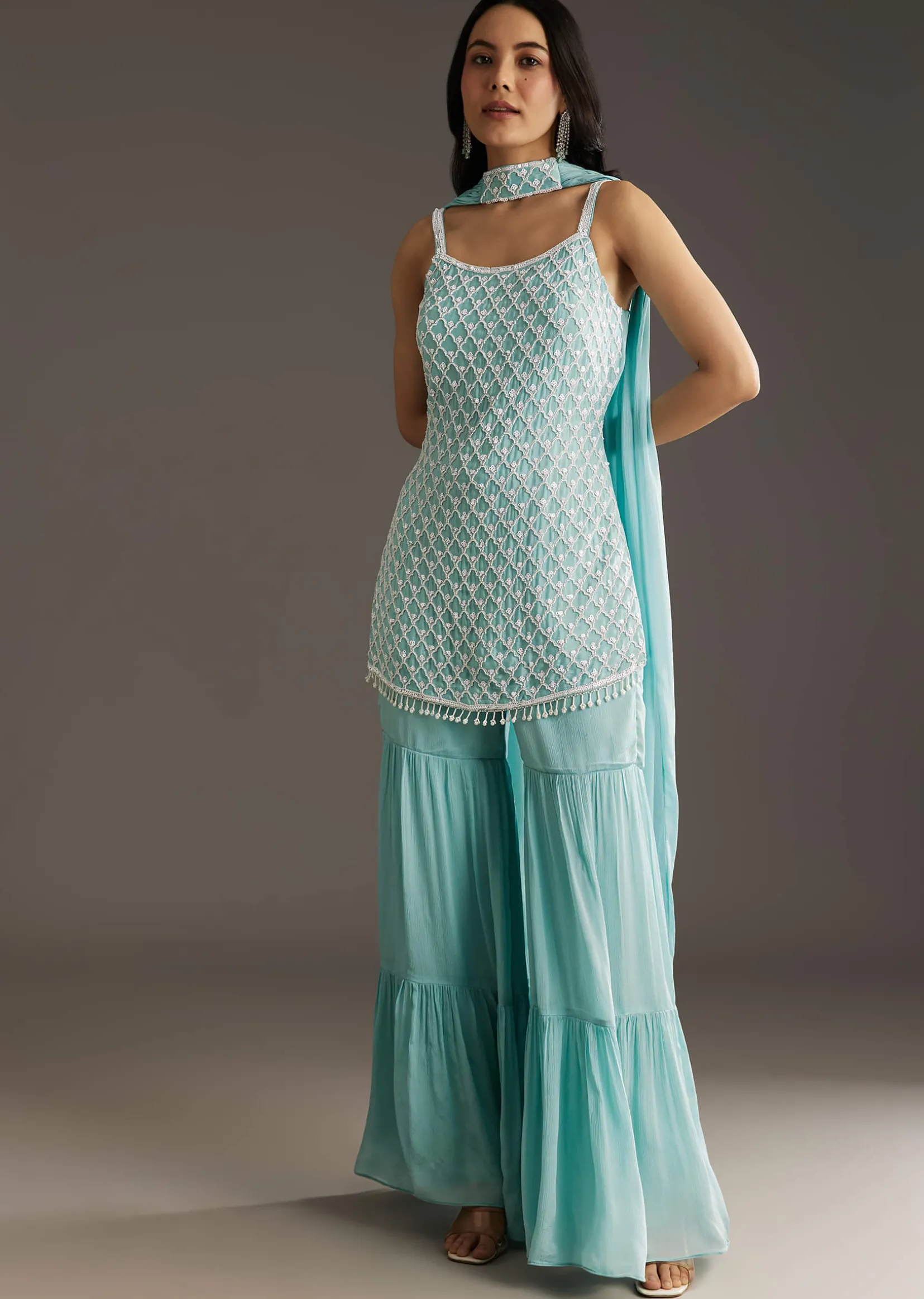 Sky Blue Chinon Sharara Suit Set With Choker Style Dupatta