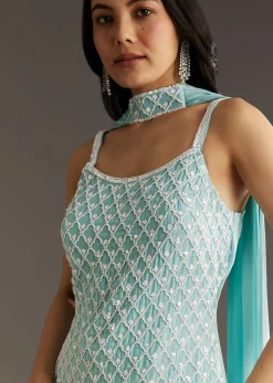 Sky Blue Chinon Sharara Suit Set With Choker Style Dupatta