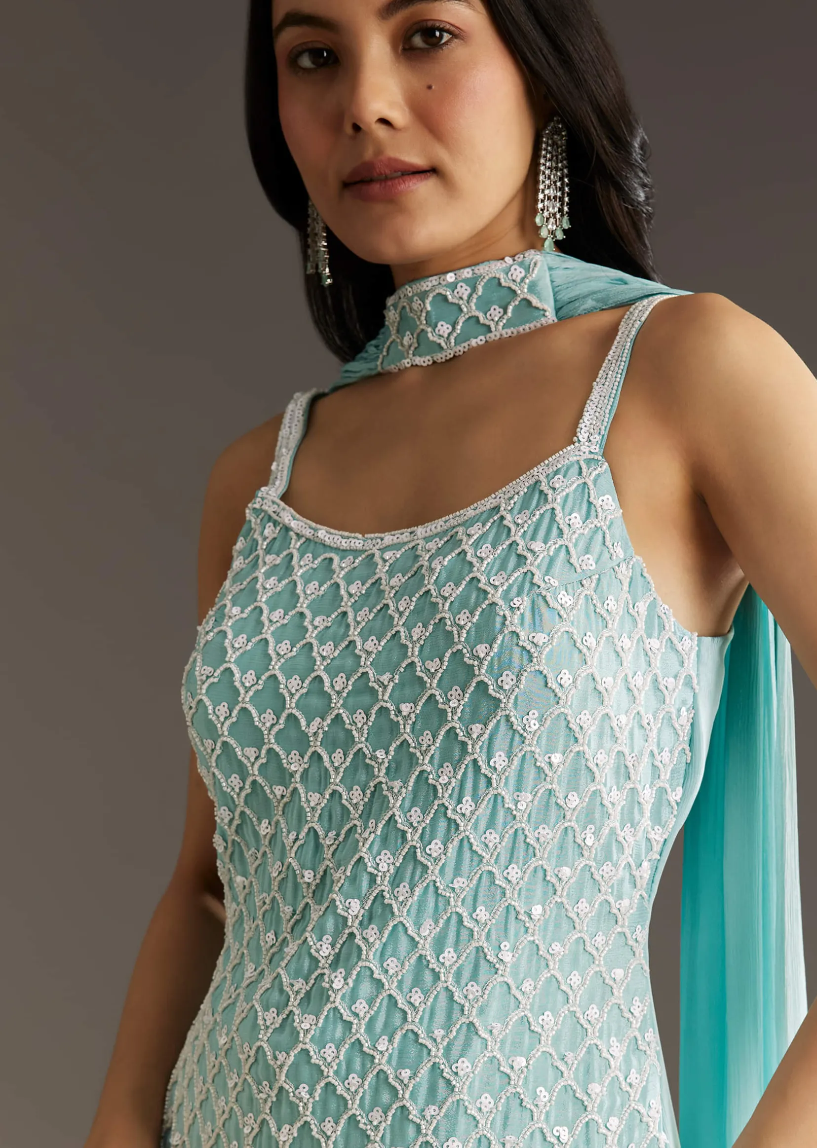 Sky Blue Chinon Sharara Suit Set With Choker Style Dupatta