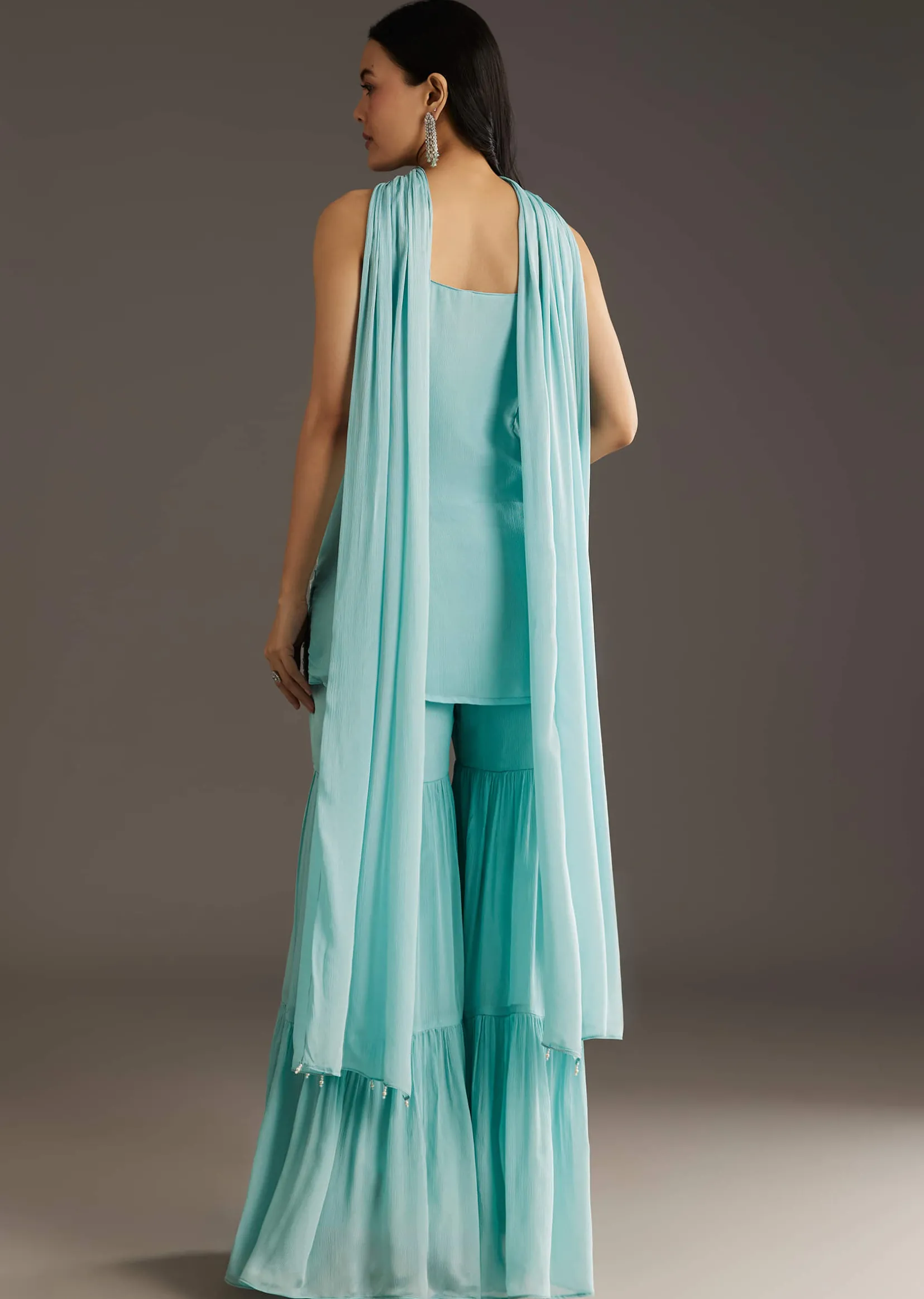Sky Blue Chinon Sharara Suit Set With Choker Style Dupatta