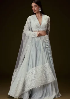 Sky Blue Crepe Sequence Lehenga With Full Sleeve Blouse