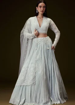 Sky Blue Crepe Sequence Lehenga With Full Sleeve Blouse