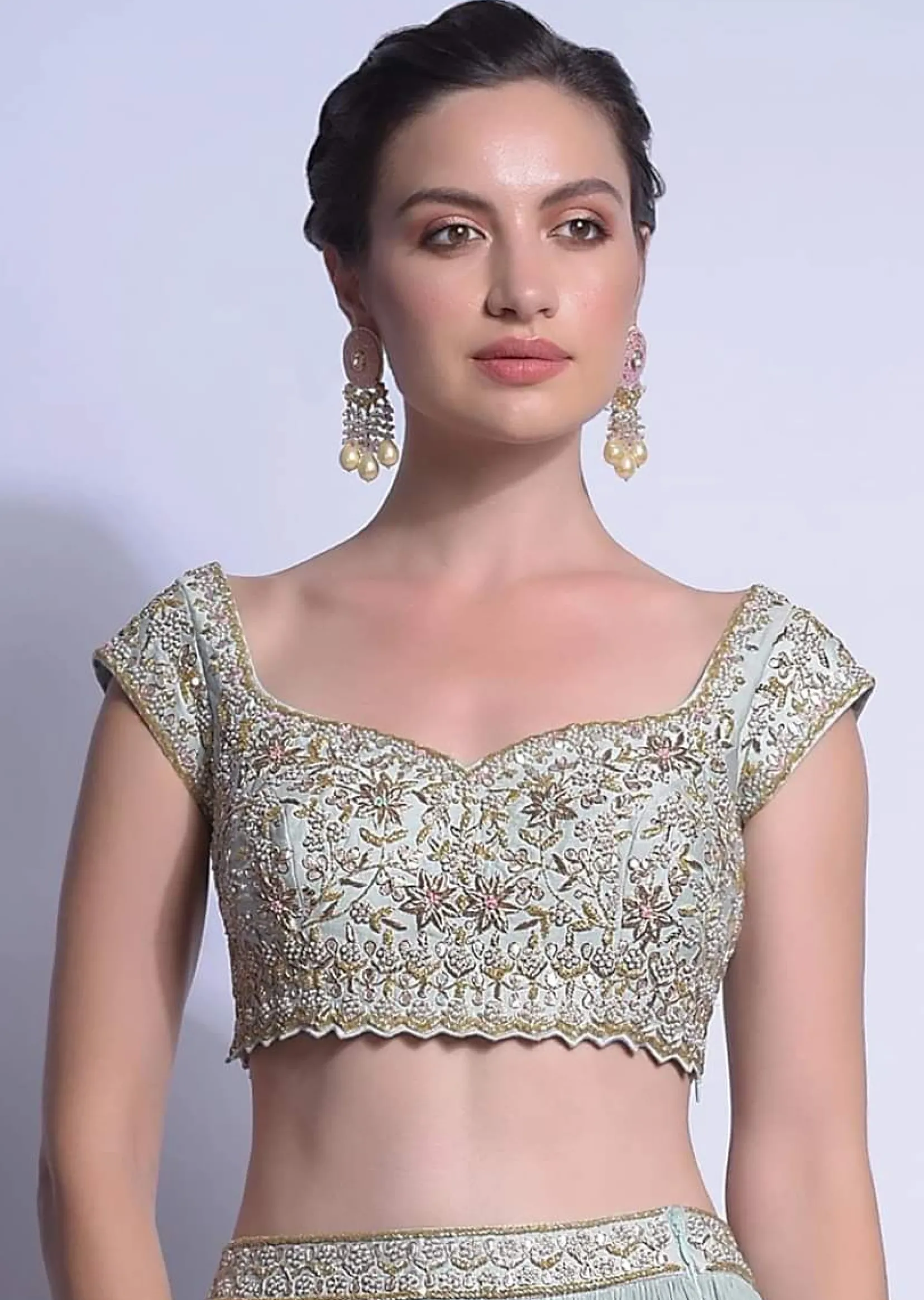Sky Blue Crop Top With Zardosi And French Knots Embroidered Floral Jaal