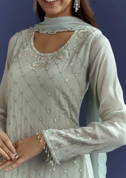 Sky Blue Cutdana Kurta With Scallop Dupatta And Palazzo In Chinon
