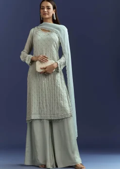 Sky Blue Cutdana Kurta With Scallop Dupatta And Palazzo In Chinon