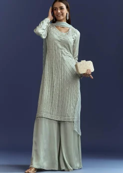 Sky Blue Cutdana Kurta With Scallop Dupatta And Palazzo In Chinon