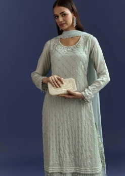 Sky Blue Cutdana Kurta With Scallop Dupatta And Palazzo In Chinon