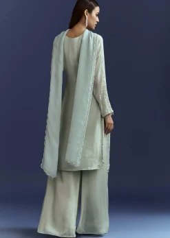 Sky Blue Cutdana Kurta With Scallop Dupatta And Palazzo In Chinon