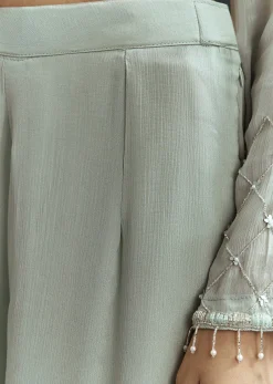 Sky Blue Cutdana Kurta With Scallop Dupatta And Palazzo In Chinon