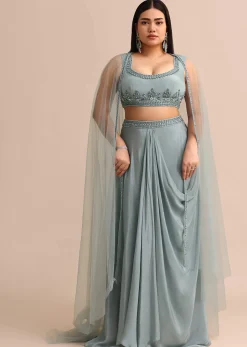 Sky Blue Draped Skirt With Cape