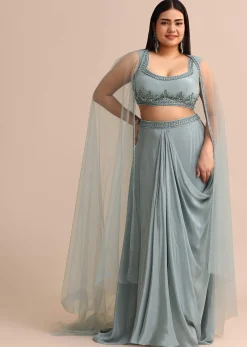 Sky Blue Draped Skirt With Cape