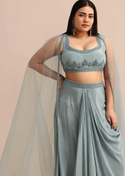 Sky Blue Draped Skirt With Cape