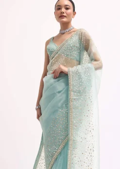 Sky Blue Embroidered Tissue Saree With Unstitched Blouse