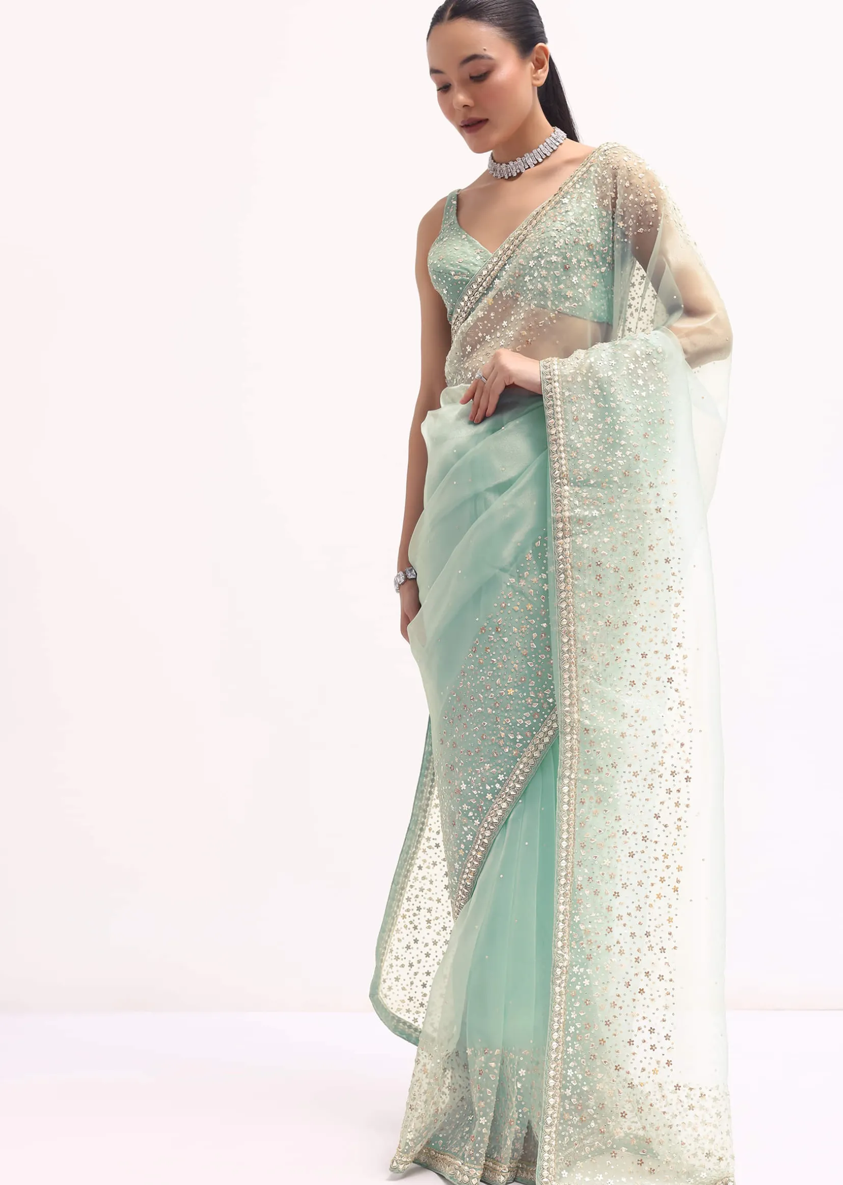 Sky Blue Embroidered Tissue Saree With Unstitched Blouse