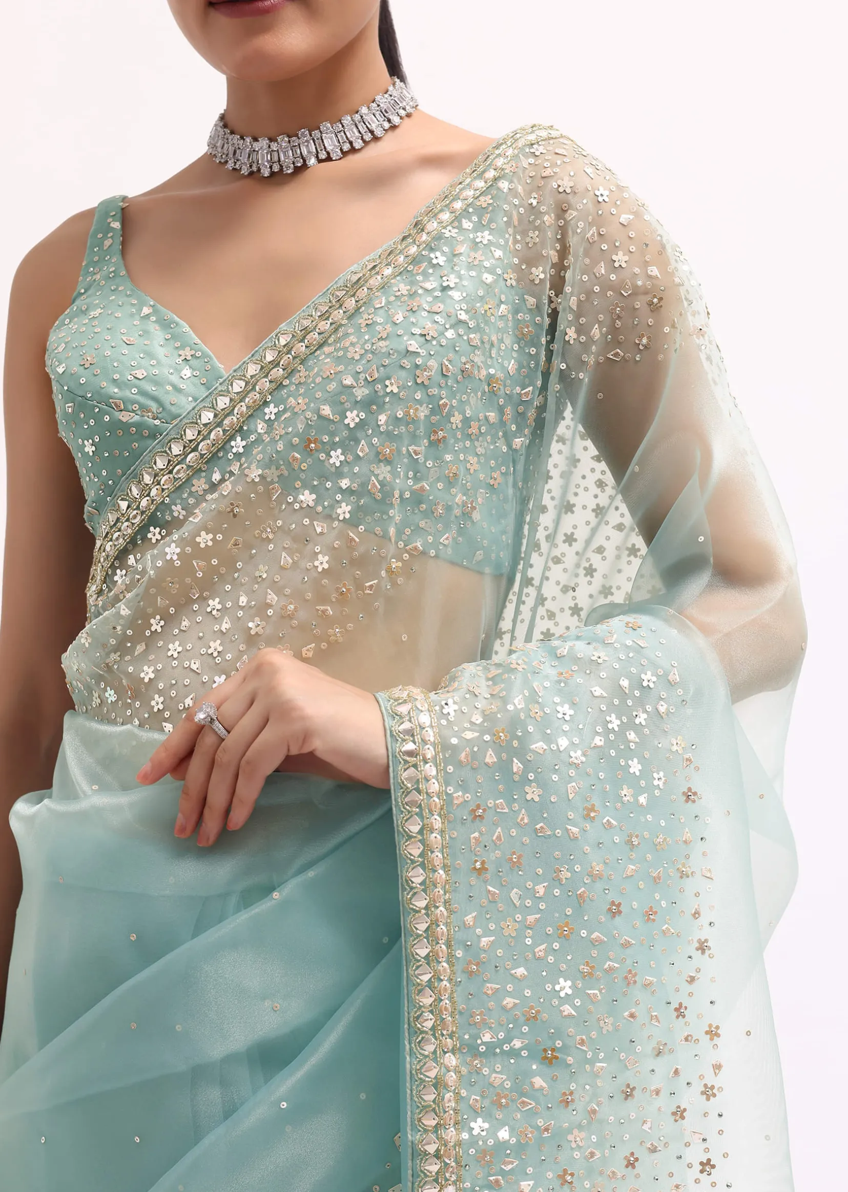 Sky Blue Embroidered Tissue Saree With Unstitched Blouse