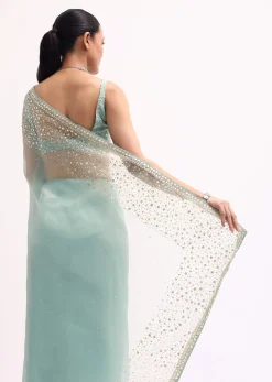 Sky Blue Embroidered Tissue Saree With Unstitched Blouse