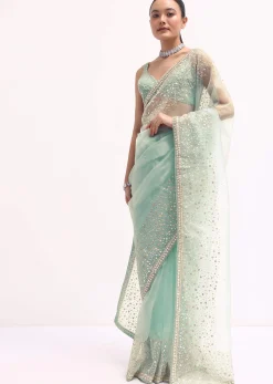 Sky Blue Embroidered Tissue Saree With Unstitched Blouse