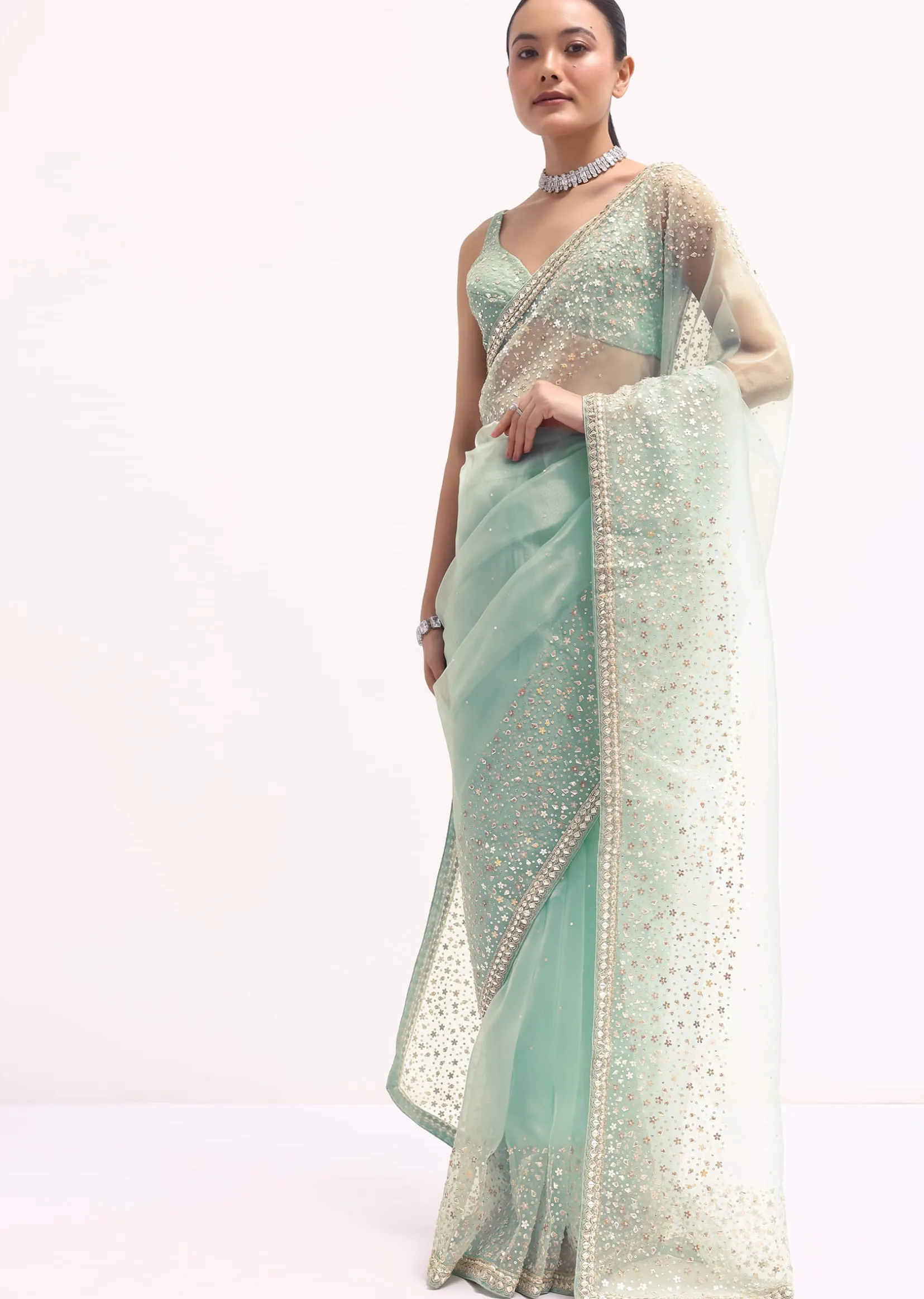 Sky Blue Embroidered Tissue Saree With Unstitched Blouse