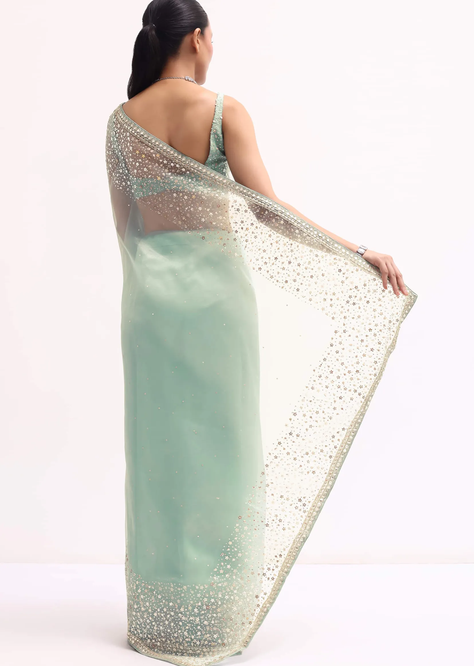 Sky Blue Embroidered Tissue Saree With Unstitched Blouse