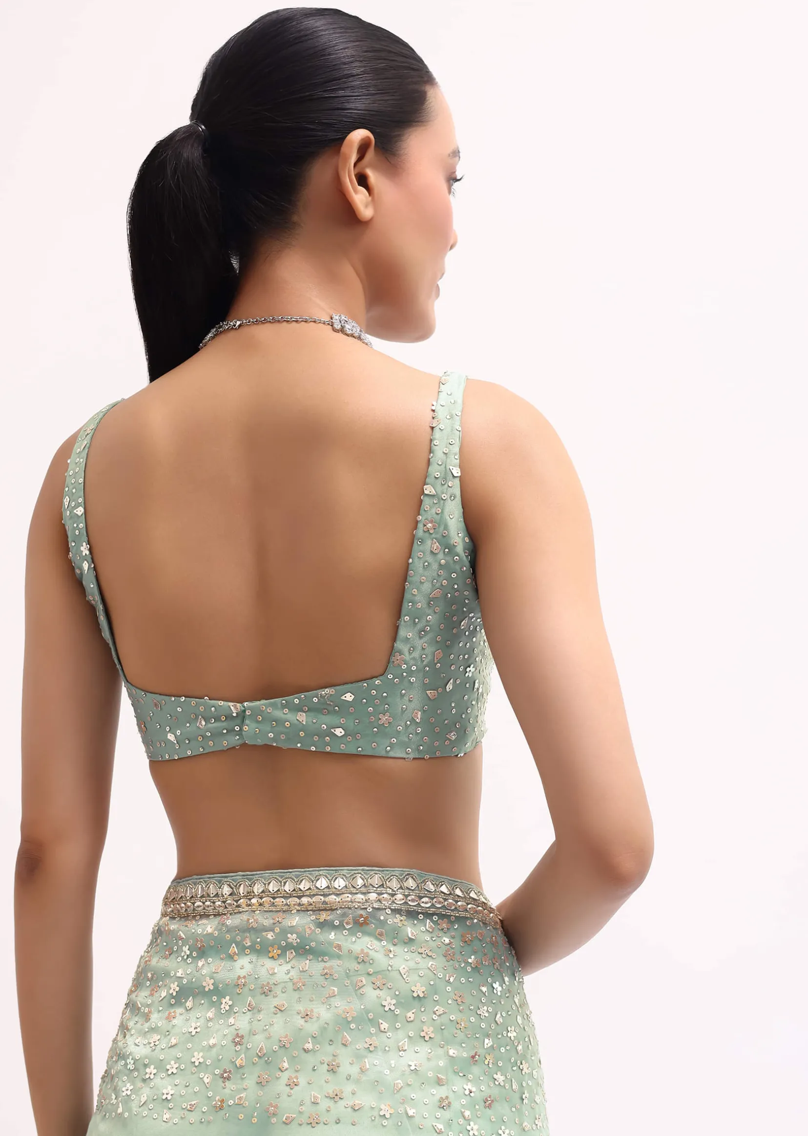 Sky Blue Embroidered Tissue Saree With Unstitched Blouse