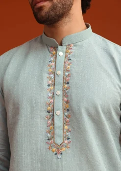 Sky Blue Floral Hand Embroidered Kurta And Pant Set