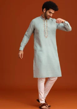 Sky Blue Floral Hand Embroidered Kurta And Pant Set