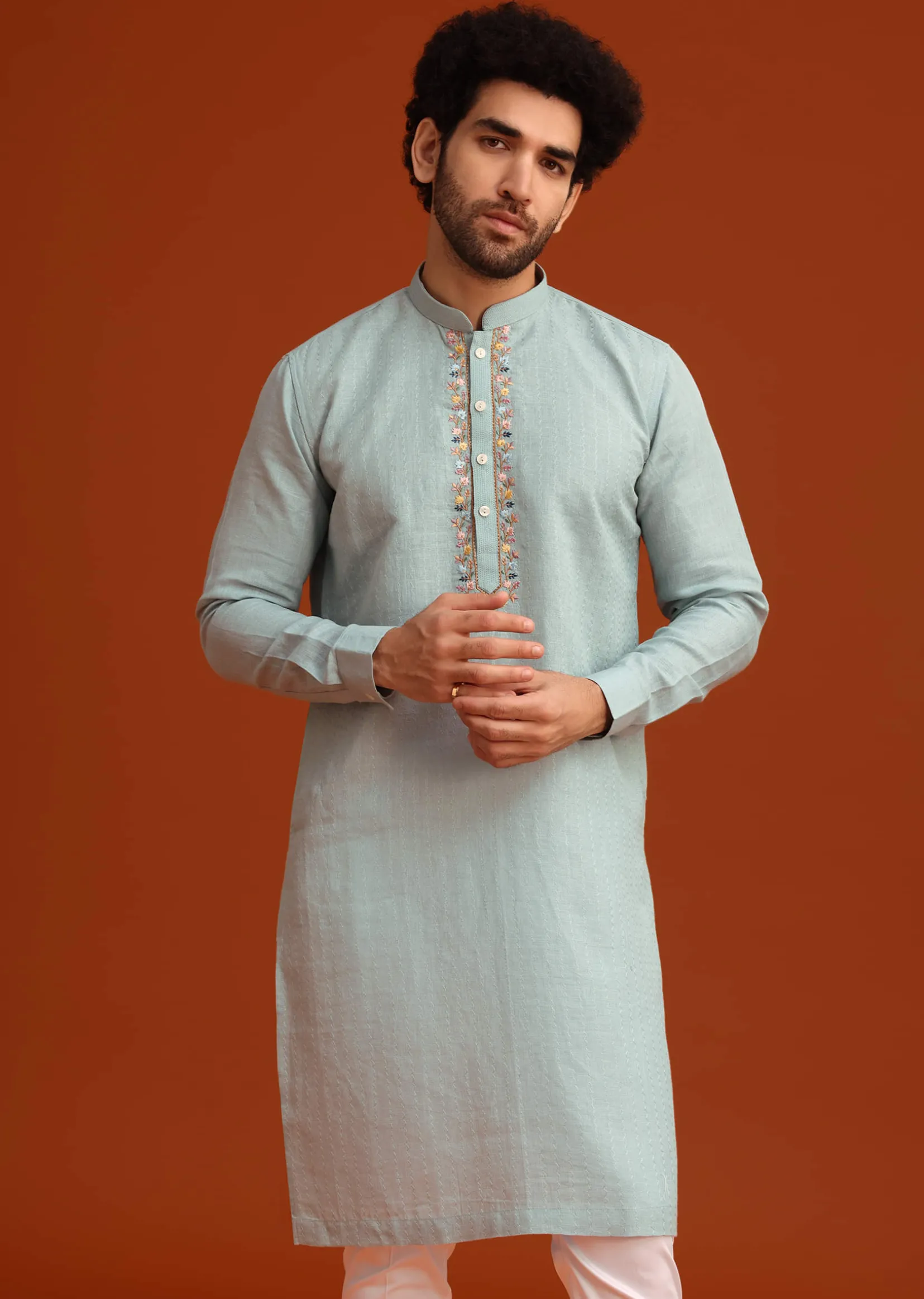 Sky Blue Floral Hand Embroidered Kurta And Pant Set