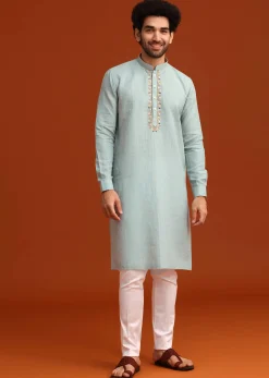 Sky Blue Floral Hand Embroidered Kurta And Pant Set