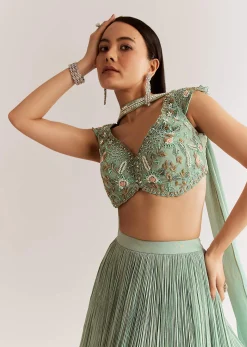 Sky Blue French Tissue Choli Set With Cutdana Moti And Beads
