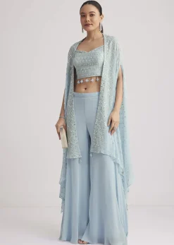 Sky Blue Georgette Palazzo Set With Embroidered Cape