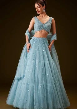Sky Blue Hand Embroidered Net And Pearl Work Lehenga Set
