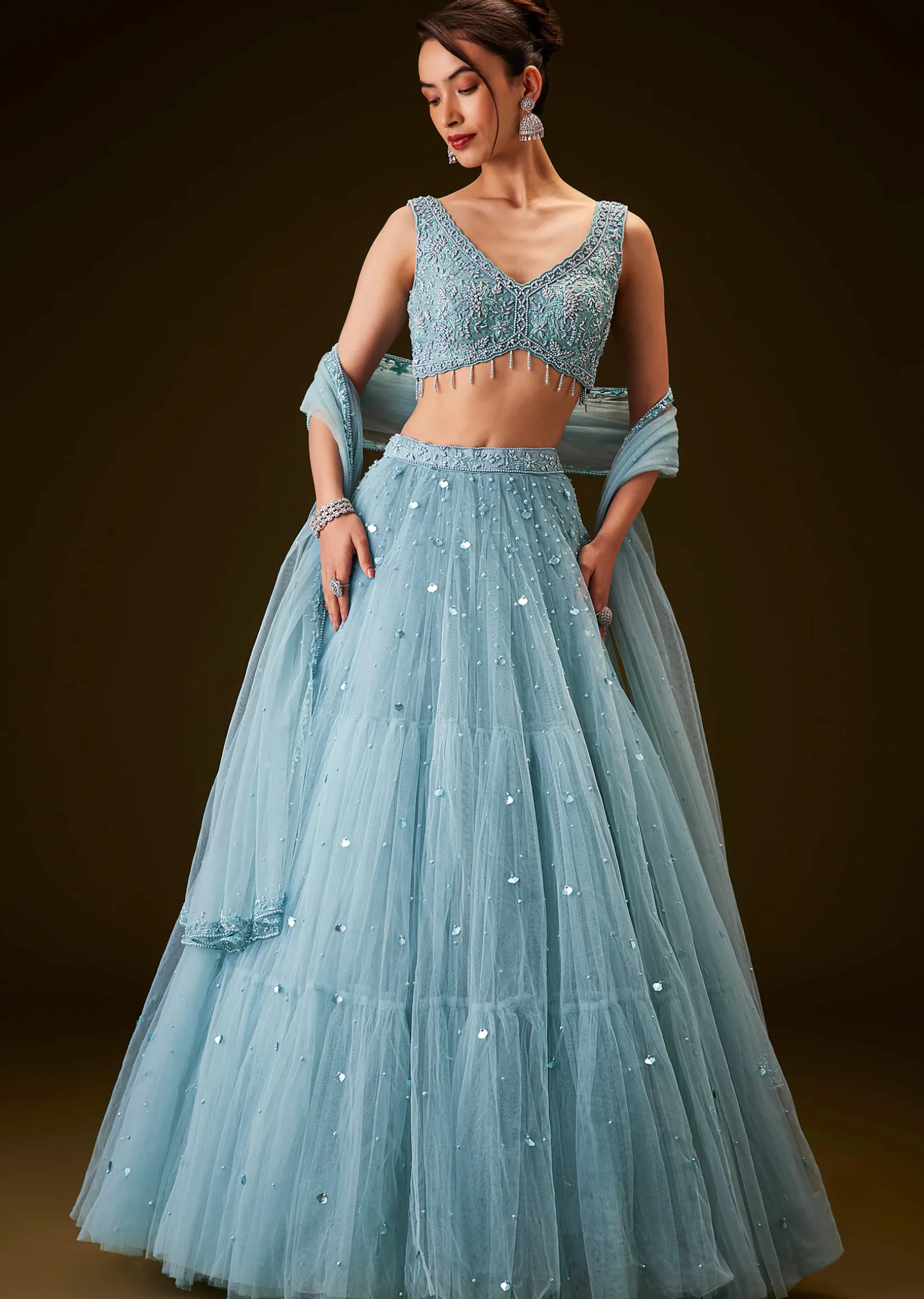 Sky Blue Hand Embroidered Net And Pearl Work Lehenga Set