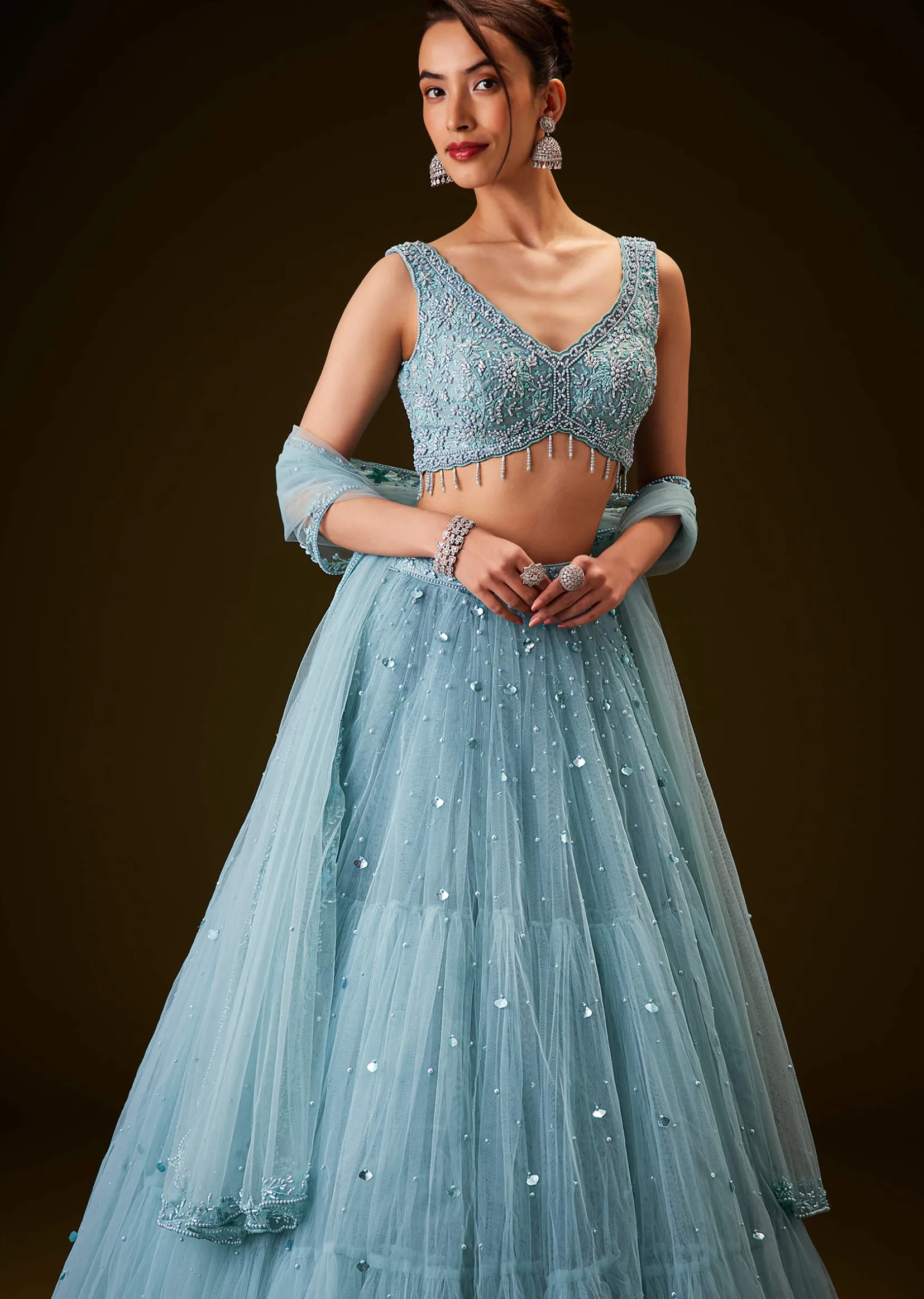 Sky Blue Hand Embroidered Net And Pearl Work Lehenga Set