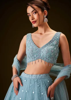 Sky Blue Hand Embroidered Net And Pearl Work Lehenga Set