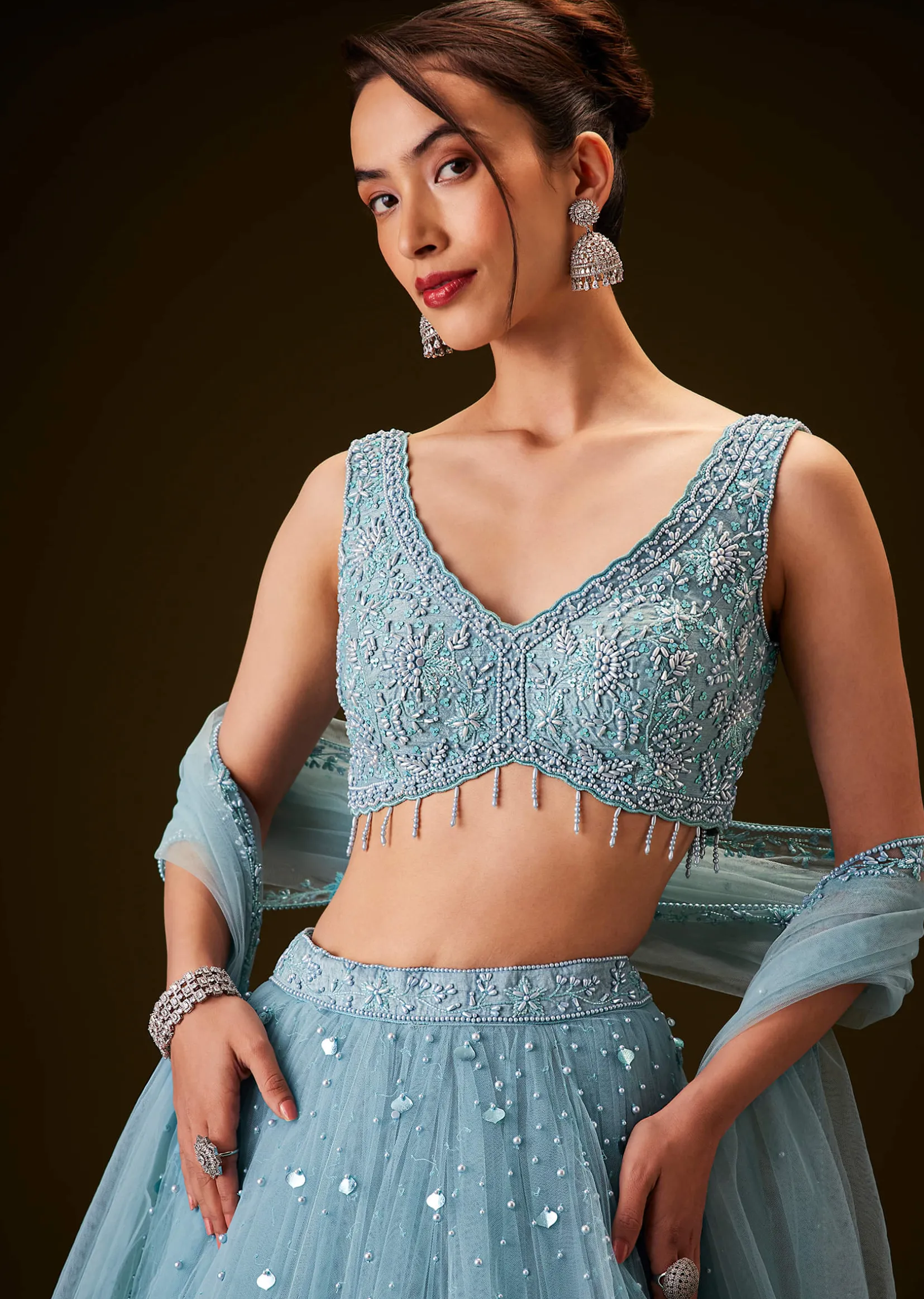 Sky Blue Hand Embroidered Net And Pearl Work Lehenga Set