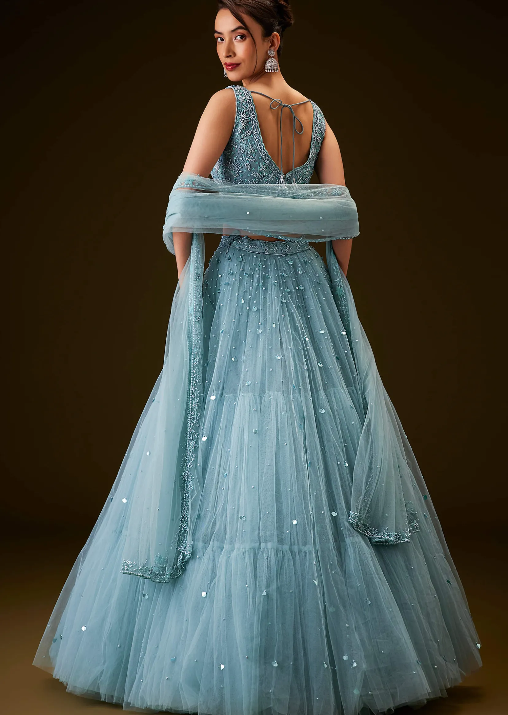 Sky Blue Hand Embroidered Net And Pearl Work Lehenga Set