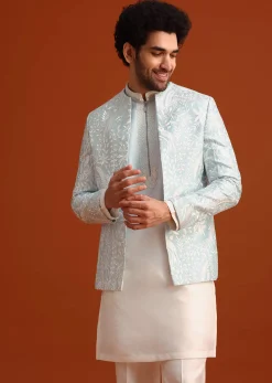 Sky Blue Indo-Western And Kurta Set In Silk With French Knots
