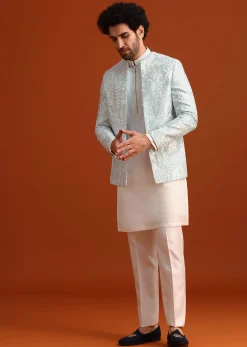 Sky Blue Indo-Western And Kurta Set In Silk With French Knots