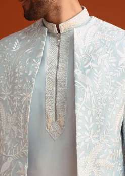 Sky Blue Indo-Western And Kurta Set In Silk With French Knots