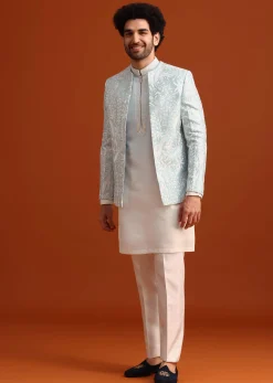 Sky Blue Indo-Western And Kurta Set In Silk With French Knots
