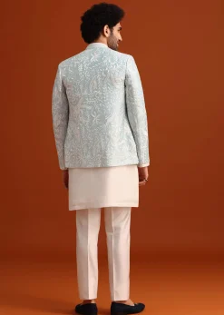 Sky Blue Indo-Western And Kurta Set In Silk With French Knots