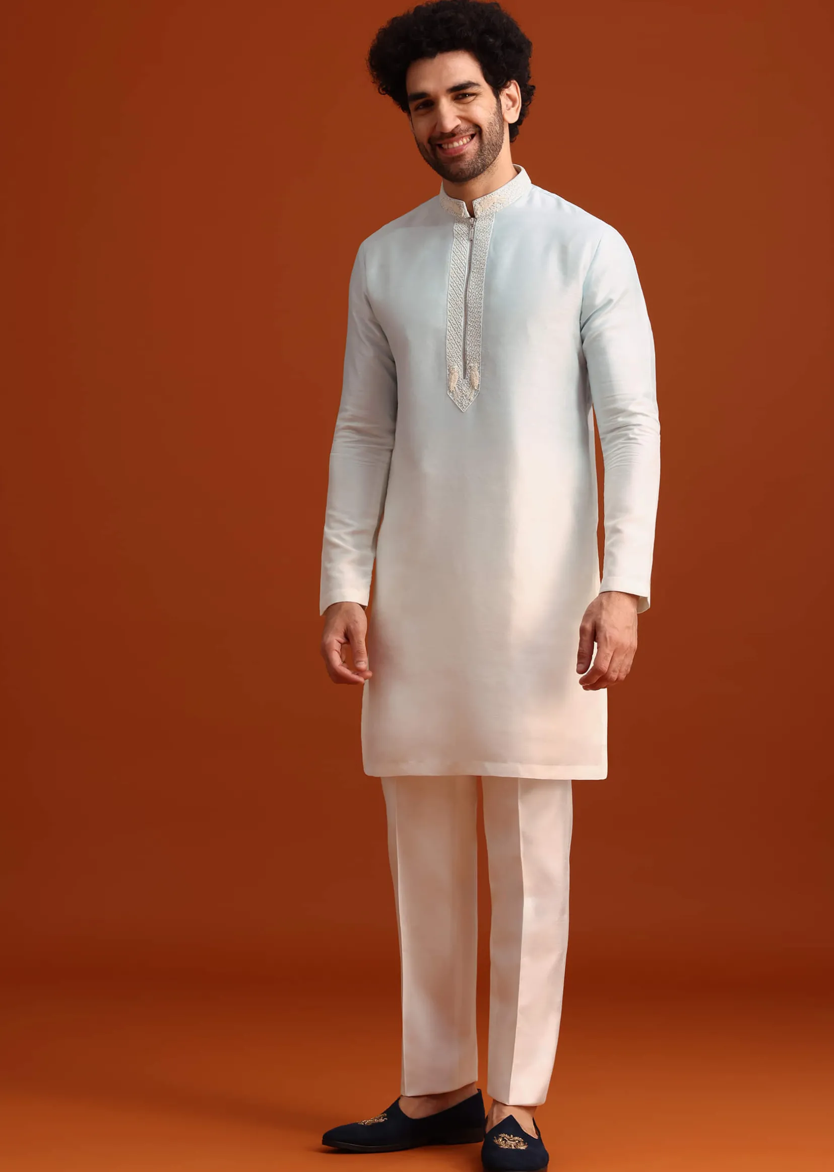 Sky Blue Indo-Western And Kurta Set In Silk With French Knots