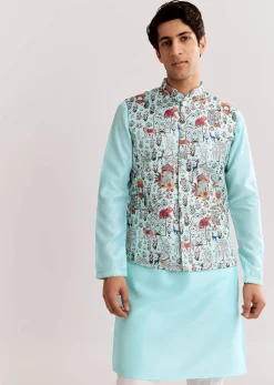 Sky Blue Jacquard Kurta Jacket Set With Animal Print